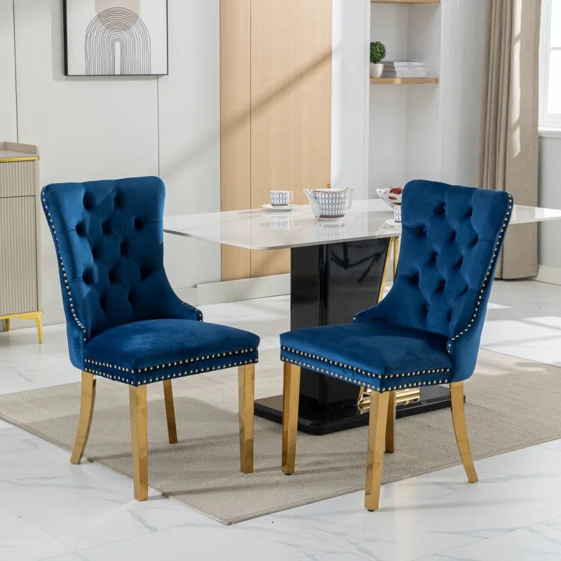 Collection Modern, High-end Tufted Solid Wood Contemporary Velvet Upholstered Dining Chair with Golden Stainless Steel Plating Legs,Nailhead Trim,Set of 2, Blue, DE1601BL