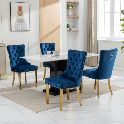 Collection Modern, High-end Tufted Solid Wood Contemporary Velvet Upholstered Dining Chair with Golden Stainless Steel Plating Legs,Nailhead Trim,Set of 2, Blue, DE1601BL