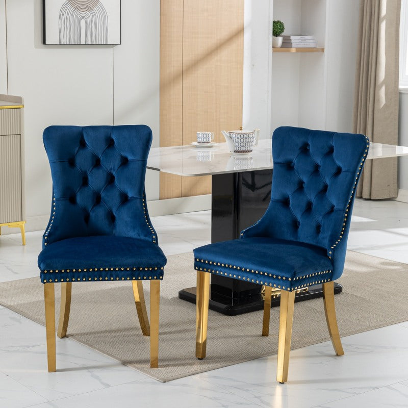 Collection Modern, High-end Tufted Solid Wood Contemporary Velvet Upholstered Dining Chair with Golden Stainless Steel Plating Legs,Nailhead Trim,Set of 2, Blue, DE1601BL