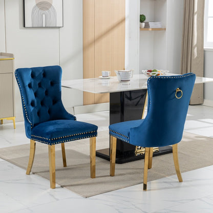 Collection Modern, High-end Tufted Solid Wood Contemporary Velvet Upholstered Dining Chair with Golden Stainless Steel Plating Legs,Nailhead Trim,Set of 2, Blue, DE1601BL